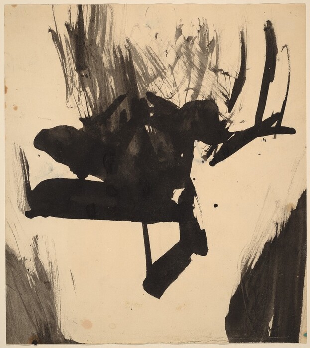 The image displays bold strokes and splatters that form irregular shapes and lines, creating an abstract design. Central dark blotches are surrounded by lighter, wispy lines, resembling scratchy pencil marks or leaf edges. The artwork features contrasting textures, creating a dynamic and visually compelling composition.