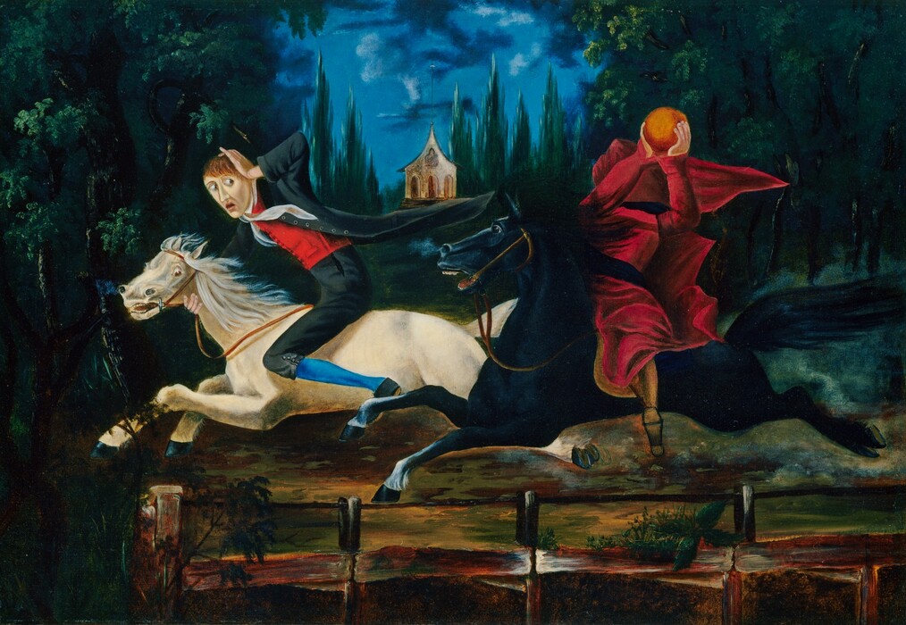 A headless rider holding up a pumpkin pursues a man clinging to the neck of a galloping white horse in this horizontal painting. The landscape around the pair has dark woods to each side and a twilight, azure-blue sky over a distant stone structure, perhaps a church, at the top center. To our left, the rider on the white horse is thin with a long, pale-skinned, cleanshaven face and high cheekbones. He holds one hand to his brown hair as he looks back, his eyes huge and mouth agape. His long black coat flaps behind him over a white cravat, cherry-red vest, black breeches, bright blue hose, and black shoes. The horse’s wide eyes also roll wildly back to look at the pursuer. The headless rider wears a ruby-red robe and brown hose. Pale-skinned hands hold up the round pumpkin. Both horses run with all four legs outstretched and tails flying over a flat bridge edged with a low fence on the side closer to us. The shadowy landscape presses in from both sides.