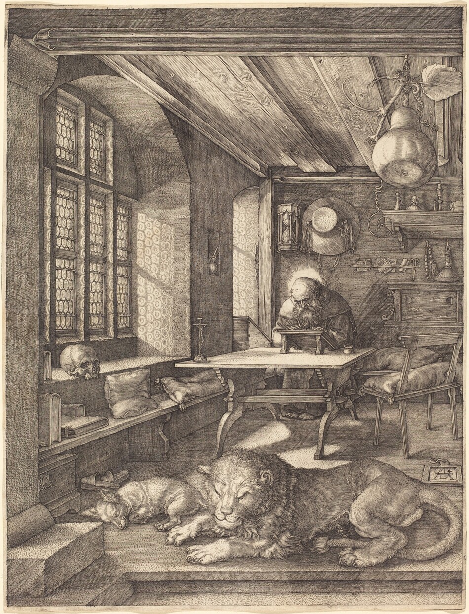 Printed with fine but densely spaced black lines, a man hunches over a table writing in the far corner of a room in this vertical engraving. A lion and a dog lie on the floor closer to us, both with their eyes closed. Arched window openings along the left wall are filled with bullseye glass, and that wall is lined with a bench. A chest and a pair of slippers are tucked under the bench, closer to us. On the bench are three books and two pillows. In the window well closer to us is another book and a skull. The man sits at a square table with trestle legs in the far corner next to the second bay of windows. A small crucifix is at the front left corner of the table. The man, who is balding with long hair, wears a cassock and heavy robes. His feet and knees are pressed together, and his hands are close to each other on the angled writing surface. A glow around his head creates a halo. The only other object on the table is his ink pot. On the far wall are an hourglass, a flat topped, wide-brimmed hat, a rosary, and hand broom. Pieces of paper and a pair of scissors tucked into bands pinned to the wall, and a shelf above holds candles and vessels. The ceiling is made of wood beams, and a pear-shaped gourd hangs at the top right corner. A wide chair holding a cushion sits near the table, and the artist’s initials, AD, and the date, 1514, are on a tablet that lies on the floor nearby.