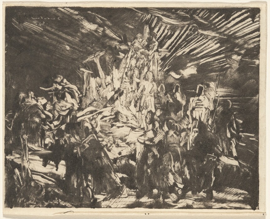 This is a monochrome drawing showing a chaotic scene with numerous dynamic figures in the central section. The background consists of rough lines suggesting a turbulent sky. The composition conveys a sense of drama, movement, tension, depth, and intensity.