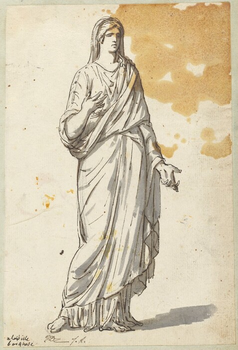 The image depicts a person standing with one arm bent and raised, and the other arm extended with an open hand. The person has a calm expression with long, stylized hair. They are wearing a long, flowing robe that covers their body and feet. The attire resembles classical or ancient garments. The background is plain with discoloration and stain marks.