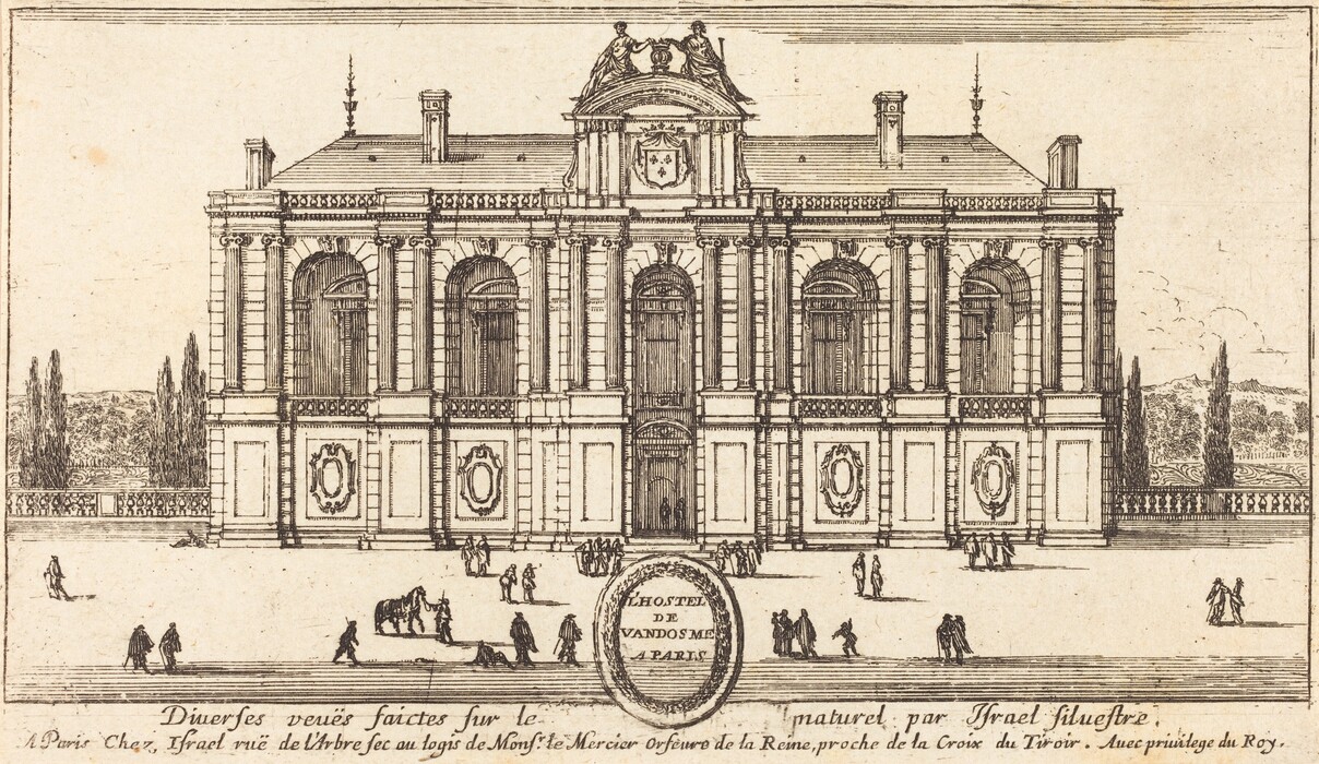 The image displays a frontal view of an elaborate architectural structure labeled as "LHOSTEL DE VANDOMSE A PARIS." The perspective is direct and symmetrical, with the building in the center of the composition. Columns and intricate architectural details are precisely illustrated. The color palette is sepia, giving the scene a historical appearance. Several figures are depicted close to us, walking or standing in small groups. In the distance, the landscape includes tall trees and hills.