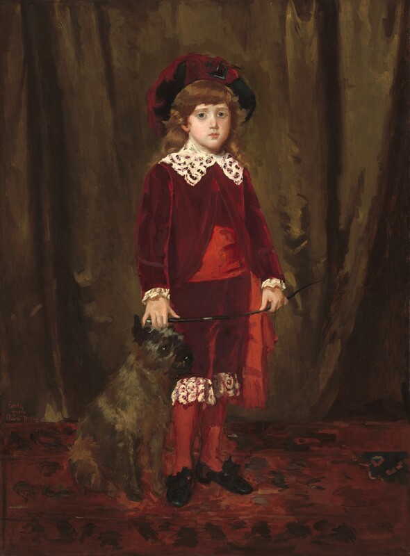 A young boy with pale skin, wearing a burgundy-red suit and floppy hat, stands facing and looking at us with a gray terrier dog at his side in this vertical portrait painting. The boy has large, slate-blue eyes, rounded smooth cheeks, a small nose, and his pink bow lips are closed. His thick blond hair falls in waves across his forehead and down to his shoulders. His body is angled slightly to our right and he holds a riding crop with both hands in front of his body. The sheen on his burgundy-red jacket, and knee-length pants suggests they are velvet. A wide, lace collar comes to points on his chest. Lace cuffs peek out at his wrists, and the lower hem of his pants, around his knees, is edged with wide lace. A broad, slightly brighter ruby-red sash wraps around his waist and hangs by his left hip, on our right. His calves are covered in stockings of the same brighter red. His black shoes seem to be tied with a ribbon, but this area is loosely painted. His right hand, to our left, might brush the head of the dog sitting next to the boy’s leg. The dog has shiny, charcoal-gray fur and a black nose, ears, and eyes. The dog sits angled and looking off to our right. They are on a brick-red carpet with dashes of black that suggest a pattern, and an olive-green drape hangs behind them. The portrait is loosely painted throughout, but the brushstrokes are especially visible in the rug, background, and dog. The painting is inscribed near the lower right corner: “Eddy from Aunt Mary.”