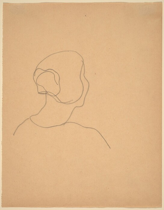 The image depicts a simple line drawing of a person's head and shoulders in a minimalistic style. The figure faces left in a side profile, with basic facial features, simple hair lines, and a vague outline of clothing. The drawing is on a light brown paper background with no additional elements.