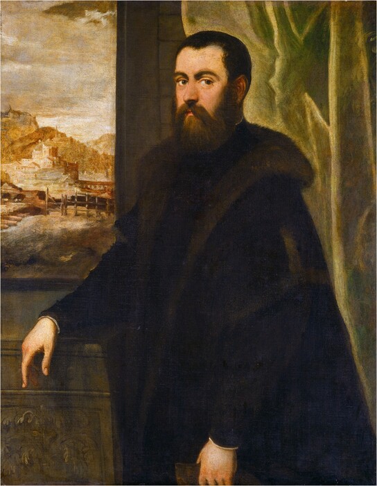 Shown from the knees up, a pale-skinned, bearded man dressed in black gazes at us in this vertical portrait painting. His body is angled to our left, and he looks at us from the corners of his hazel eyes under thick brows. He has close-cut, dark brown hair, a short nose, a trimmed beard, and a bushy moustache over pale pink lips, which are closed. He wears a voluminous velvet-black cloak trimmed with sable-brown fur, and his far arm rests on a stone ledge under a window. The face of the ledge is carved in relief with leaves. The man’s other arm hangs by his side, and he holds a brown glove in that hand. A celery-green drapery behind him fills the right half of the background. A short span of wall leads to a window to the left, through which a deep landscape is painted in tones of tan, gold, and bronze brown. Hills, a fence, stairs, what might be aqueducts, and a castle-like complex are nestled against tall hills under a white sky shaded with light tan clouds.