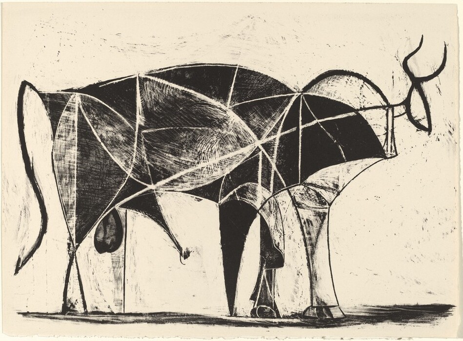 The image consists of intersecting lines and geometric shapes, primarily triangles and segments, creating an abstract outline. The composition resembles a bull, with elongated curves indicating horns and a robust structure suggestive of a body. Dark shading and angular lines provide depth to the figure.