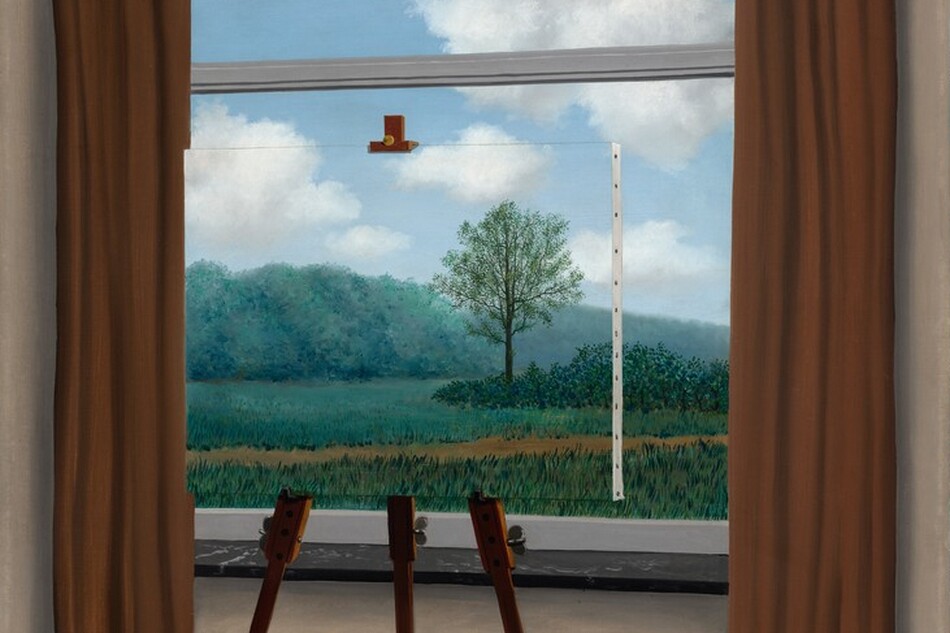 An interior window framed by brown curtains shows a view into a landscape with grass, shrubs, trees, and a dirt path beneath a blue sky with white clouds in this vertical painting. Upon closer inspection, the three legs of a wooden easel, the clip holding a canvas at the top, and a white, stapled edge draws our attention to the fact that a painted canvas rests directly in front of the window.