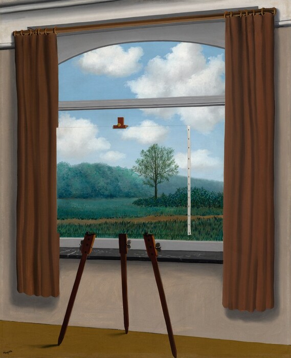 An interior window framed by brown curtains shows a view into a landscape with grass, shrubs, trees, and a dirt path beneath a blue sky with white clouds in this vertical painting. Upon closer inspection, the three legs of a wooden easel, the clip holding a canvas at the top, and a white, stapled edge draws our attention to the fact that a painted canvas rests directly in front of the window.