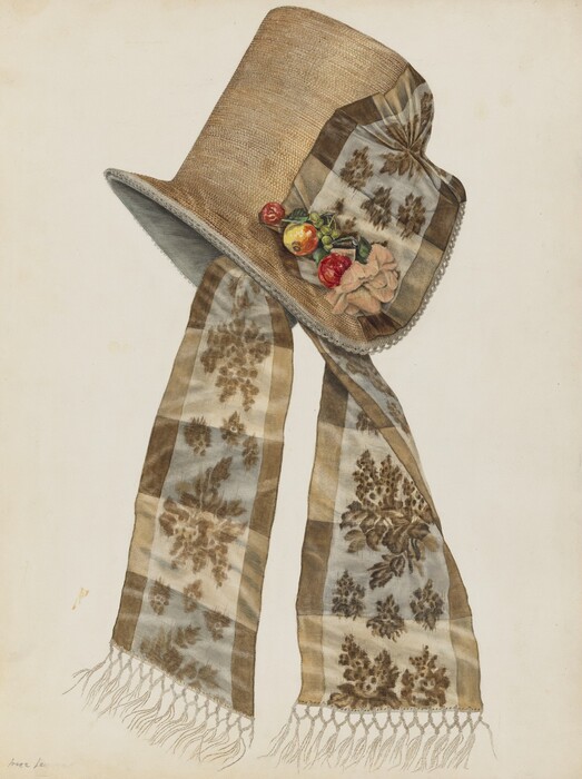 The image shows a large straw hat decorated with ribbons and artificial fruit. The hat is made from a light-colored woven material, with ribbons featuring a brown floral pattern on a pale blue background and fringed ends. The hat is slightly tilted, with the crown leaning left and the wide brim curving around it. Artificial fruit, made of red and yellow pieces, is placed on the right side near the ribbon base for a colorful contrast.