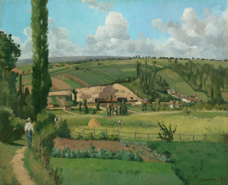 A small complex of white buildings with red-tile roofs are engulfed in a patchwork of lush, green farm fields over rolling hills in this nearly square painting. The sun-drenched scene is loosely painted with visible brushstrokes in shades of spring, clover, and pine green, with touches of caramel and sand brown. The horizon comes about three-quarters of the way up the composition, and white clouds float against the pale blue sky above. Small in scale, a few people walk along pathways between fields and a few work among the crops. The cluster of buildings is situated along the base of a hill that rises in the distance, about halfway up the painting. A man wearing a straw hat, a white shirt, and denim-blue overalls walks away from us, perhaps carrying a long-handled tool in the lower left corner of the painting. Another person, perhaps a woman wearing a dress and white cap, stands at a fence along the path, near the man. The artist signed and dated the work with dark paint in the lower right corner: “C.Pissarro.68.”