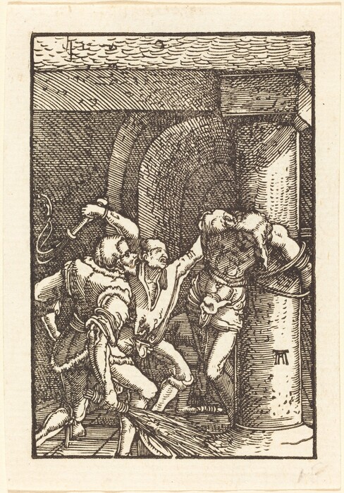 This is a drawing of three figures engaged in a scene of violence. The image shows two men attacking a third individual, who is bound to a column. The scene is detailed with black and white hatching and crosshatching techniques, and features a background with a stone or brick archway leading into another space.