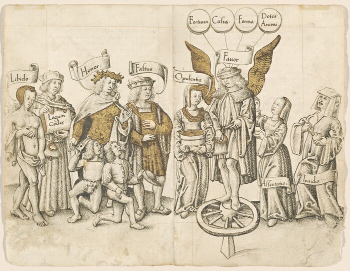 This is a drawing of an assembly of allegorical figures. The figures are labeled with Latin words representing virtues, vices, or societal roles. The composition includes elements like garments, figures, and scrolls with textures and shading to highlight materials and expressions.