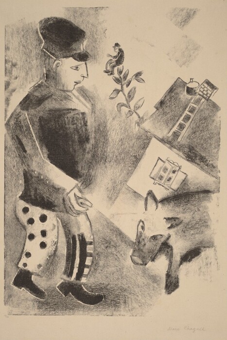 The image features abstract shapes and lines forming a human figure with a face and headwear on the left side, standing near a tilted house shape on the right. The figure's outfit is split into sections of different patterns, with one leg covered in dots and the other in stripes. Above, a smaller figure sits atop a plant stem. To the right, a house-like structure tilts at an angle, with a ladder leading up to the roof. A cow's head appears in the lower right corner, looking towards the human figure.