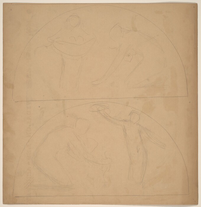 The image shows two rough semi-circular outlines with abstract sketches of human figures. In the upper section, two figures are depicted: one standing and holding a large bowl-like shape, while the other is bending down. The lower section features another set of figures: one handling a wavy object and the other holding a circular shape.