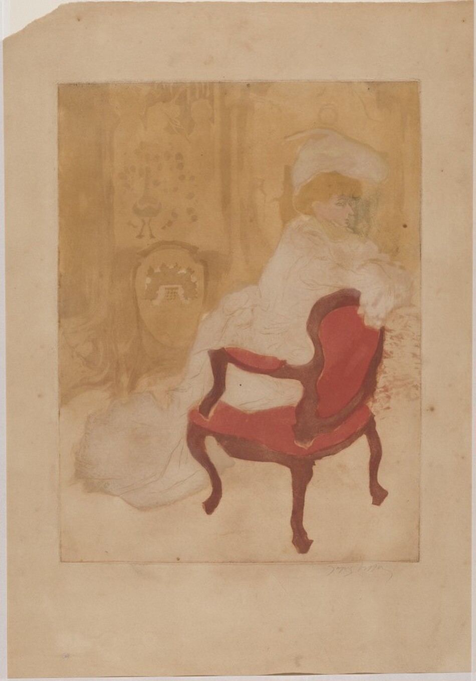 The image shows a person sitting in a slight profile with their body turned toward the left. Their facial features are delicately rendered with subtle shading. They have short, light hair partially obscured by a large, soft hat. The person is wearing a light, flowing garment that appears to envelop them, cascading loosely around their shoulders and arms. They are seated on a rich red upholstered chair with dark wood framing. The setting around them features a softly textured, almost monochrome background with ornate, indistinct patterns or wallpaper.
