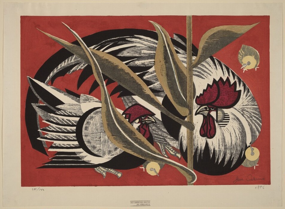 The image features sharp, angular shapes and curved lines set against a vibrant red background. The central shapes resemble overlapping forms resembling roosters, with large leaf-like forms sweeping across the image.