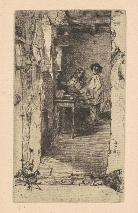This is a drawing of an interior scene with two figures. The drawing depicts a rustic indoor space with rough and textured walls. There are two figures in the back of the room, one seated and the other standing. A table with bowls and items is between them. Shadows from the light source emphasize the textures of the space. The perspective leads the eye into the scene, showcasing the interior's humble characteristics. Textiles or cloth hang on the left side of the image.