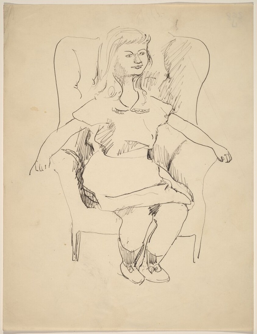 Young Girl Seated Erectly in Wing Chair