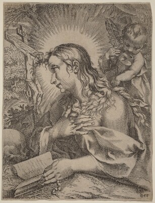 “The Penitent Magdalene”. The image shows the upper half of a female figure seated in profile, facing left.