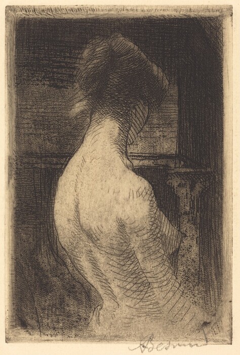 The image depicts an artistic rendering of a person's upper body, shown from the back, and without clothing. The person is seated and turned away from the viewer, with their upper torso and head displayed. The head is slightly bent forward and to the side, with long hair that appears loosely gathered, suggesting the style of a bun or ponytail. The lines of the drawing are textured and abstracted, giving a sense of depth and contour to the figure's form. There are no visible facial features due to the angle and style of the depiction. The surrounding area is filled with dense, hatched lines, creating a dark, lightly patterned background that contrasts with the lighter figure. The setting appears to be inside, as indicated by the enclosed space and the straight, horizontal line that may suggest a piece of furniture or architectural detail. There are no other objects or jewelry present in the image.