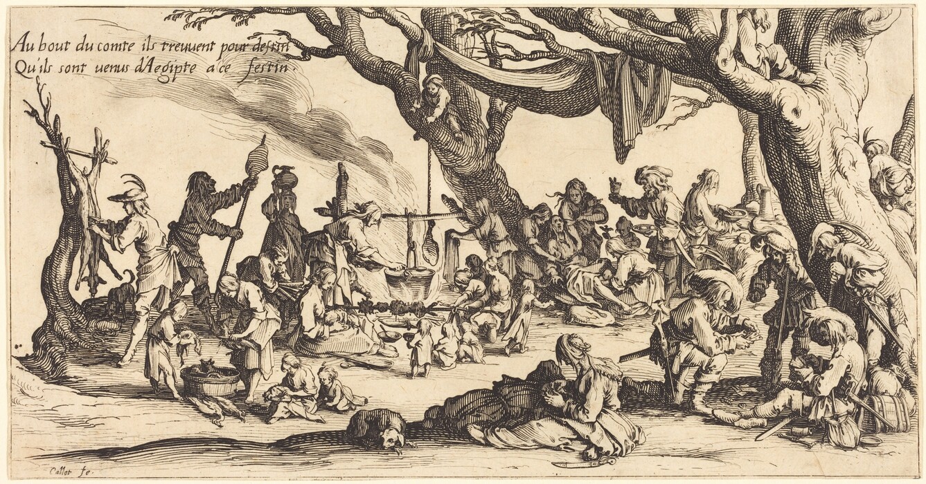 This is a drawing of a large outdoor gathering under trees. Numerous figures are engaged in various activities under the expansive, ancient trees. The tree branches spread wide, offering canopy and places to hang or lean objects. The figures are depicted in a community-like setting, with some seated, seemingly involved in social interaction, while others are engaged in tasks such as cooking, carving, and serving. Items such as cooking pots and fabrics are scattered around, indicating a lively outdoor feast or gathering. A sense of movement occupies the right side of the drawing, while a more static interaction takes place on the left. The drawing is detailed, with fine lines and cross-hatching to depict shadows and textures.