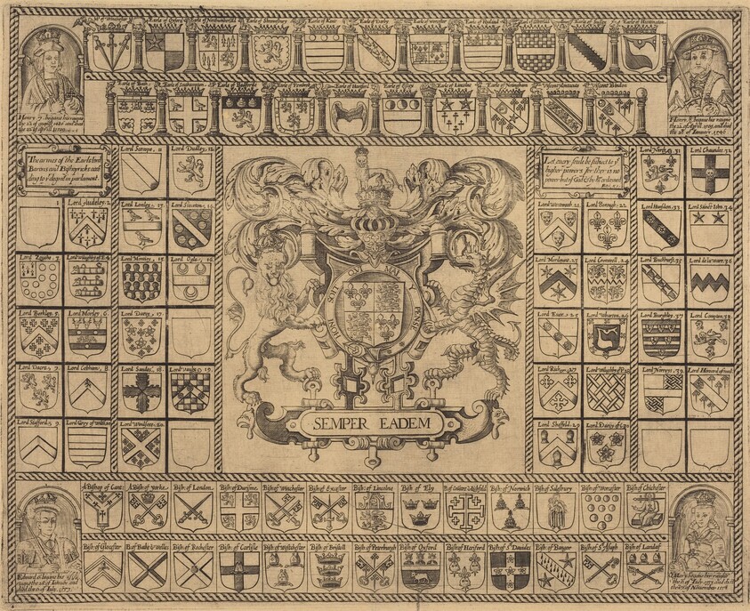 Coats of Arms with Corner Portraits of Henry VII, Henry VIII, Edward VI, and Mary