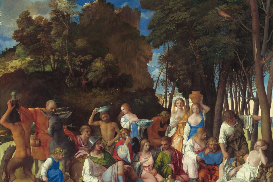 Six women, eight men, two satyrs, and one child gather in pairs and trios in a loose row that spans the width of this nearly square painting. They are set within a landscape with craggy rocks, cliffs, and trees. Most of the people face us, and the men, women, and child have pale skin. The two satyrs have men’s torsos and furry goat’s legs, and they have darker, olive complexions. Most of the men wear voluminous, knee-length togas wrapped in short robes in shades of white, topaz blue, grass green, coral orange, or rose pink. Most of the women wear long, dress-like garments in tones of shell pink, apricot orange, or lapis blue over white sleeves. For all but one woman, their garments have fallen off one shoulder to reveal a round, firm breast. Several objects are strewn on the rocky, dirt ground in front of the group, including a wide, wooden bucket with a piece of paper affixed to its front to our right, a glass goblet, a pitchfork, a large blue and white ceramic dish filled with grapes and small yellow fruits, and an overturned cup near the center. Cliff-like, craggy rocks rise steeply behind the group to our left, filling much of the sky opposite a tall grove of leafy, dark green trees to our right. A few puffy white clouds float across the vivid blue sky. The slip of paper on the barrel has been inscribed, “joannes bellinus venetus p MDXIIII.”