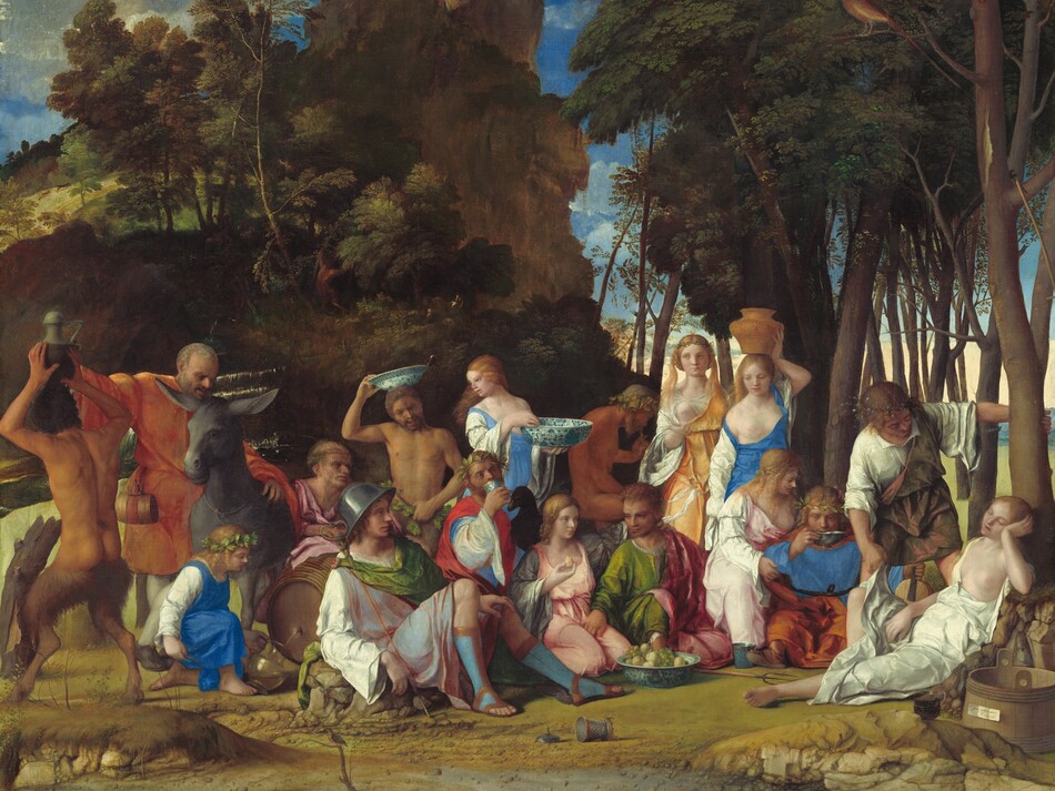 Six women, eight men, two satyrs, and one child gather in pairs and trios in a loose row that spans the width of this nearly square painting. They are set within a landscape with craggy rocks, cliffs, and trees. Most of the people face us, and the men, women, and child have pale skin. The two satyrs have men’s torsos and furry goat’s legs, and they have darker, olive complexions. Most of the men wear voluminous, knee-length togas wrapped in short robes in shades of white, topaz blue, grass green, coral orange, or rose pink. Most of the women wear long, dress-like garments in tones of shell pink, apricot orange, or lapis blue over white sleeves. For all but one woman, their garments have fallen off one shoulder to reveal a round, firm breast. Several objects are strewn on the rocky, dirt ground in front of the group, including a wide, wooden bucket with a piece of paper affixed to its front to our right, a glass goblet, a pitchfork, a large blue and white ceramic dish filled with grapes and small yellow fruits, and an overturned cup near the center. Cliff-like, craggy rocks rise steeply behind the group to our left, filling much of the sky opposite a tall grove of leafy, dark green trees to our right. A few puffy white clouds float across the vivid blue sky. The slip of paper on the barrel has been inscribed, “joannes bellinus venetus p MDXIIII.”