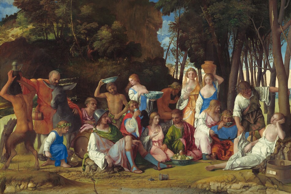 Six women, eight men, two satyrs, and one child gather in pairs and trios in a loose row that spans the width of this nearly square painting. They are set within a landscape with craggy rocks, cliffs, and trees. Most of the people face us, and the men, women, and child have pale skin. The two satyrs have men’s torsos and furry goat’s legs, and they have darker, olive complexions. Most of the men wear voluminous, knee-length togas wrapped in short robes in shades of white, topaz blue, grass green, coral orange, or rose pink. Most of the women wear long, dress-like garments in tones of shell pink, apricot orange, or lapis blue over white sleeves. For all but one woman, their garments have fallen off one shoulder to reveal a round, firm breast. Several objects are strewn on the rocky, dirt ground in front of the group, including a wide, wooden bucket with a piece of paper affixed to its front to our right, a glass goblet, a pitchfork, a large blue and white ceramic dish filled with grapes and small yellow fruits, and an overturned cup near the center. Cliff-like, craggy rocks rise steeply behind the group to our left, filling much of the sky opposite a tall grove of leafy, dark green trees to our right. A few puffy white clouds float across the vivid blue sky. The slip of paper on the barrel has been inscribed, “joannes bellinus venetus p MDXIIII.”