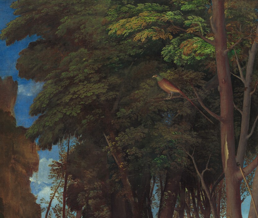 Six women, eight men, two satyrs, and one child gather in pairs and trios in a loose row that spans the width of this nearly square painting. They are set within a landscape with craggy rocks, cliffs, and trees. Most of the people face us, and the men, women, and child have pale skin. The two satyrs have men’s torsos and furry goat’s legs, and they have darker, olive complexions. Most of the men wear voluminous, knee-length togas wrapped in short robes in shades of white, topaz blue, grass green, coral orange, or rose pink. Most of the women wear long, dress-like garments in tones of shell pink, apricot orange, or lapis blue over white sleeves. For all but one woman, their garments have fallen off one shoulder to reveal a round, firm breast. Several objects are strewn on the rocky, dirt ground in front of the group, including a wide, wooden bucket with a piece of paper affixed to its front to our right, a glass goblet, a pitchfork, a large blue and white ceramic dish filled with grapes and small yellow fruits, and an overturned cup near the center. Cliff-like, craggy rocks rise steeply behind the group to our left, filling much of the sky opposite a tall grove of leafy, dark green trees to our right. A few puffy white clouds float across the vivid blue sky. The slip of paper on the barrel has been inscribed, “joannes bellinus venetus p MDXIIII.”