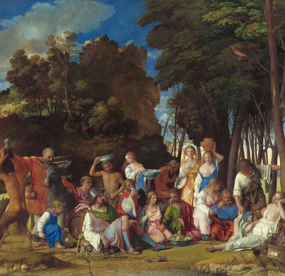 Six women, eight men, two satyrs, and one child gather in pairs and trios in a loose row that spans the width of this nearly square painting. They are set within a landscape with craggy rocks, cliffs, and trees. Most of the people face us, and the men, women, and child have pale skin. The two satyrs have men’s torsos and furry goat’s legs, and they have darker, olive complexions. Most of the men wear voluminous, knee-length togas wrapped in short robes in shades of white, topaz blue, grass green, coral orange, or rose pink. Most of the women wear long, dress-like garments in tones of shell pink, apricot orange, or lapis blue over white sleeves. For all but one woman, their garments have fallen off one shoulder to reveal a round, firm breast. Several objects are strewn on the rocky, dirt ground in front of the group, including a wide, wooden bucket with a piece of paper affixed to its front to our right, a glass goblet, a pitchfork, a large blue and white ceramic dish filled with grapes and small yellow fruits, and an overturned cup near the center. Cliff-like, craggy rocks rise steeply behind the group to our left, filling much of the sky opposite a tall grove of leafy, dark green trees to our right. A few puffy white clouds float across the vivid blue sky. The slip of paper on the barrel has been inscribed, “joannes bellinus venetus p MDXIIII.”