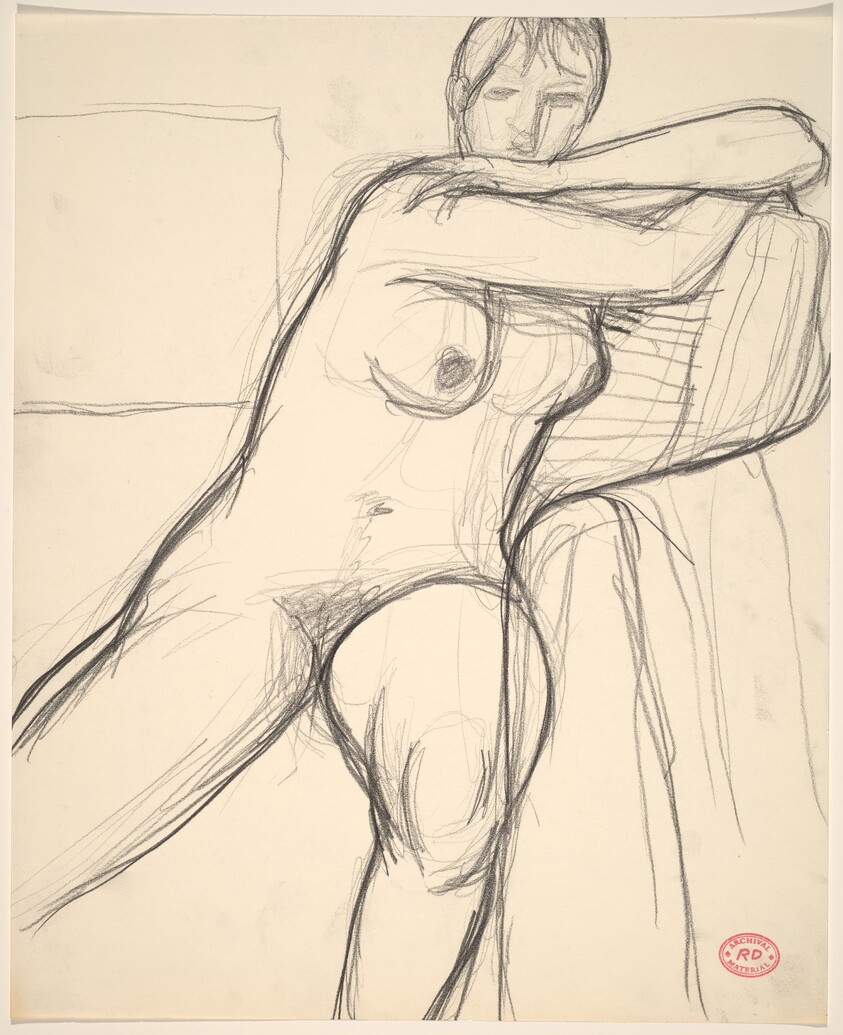 Untitled [seated nude leaning her arms on a cushion]