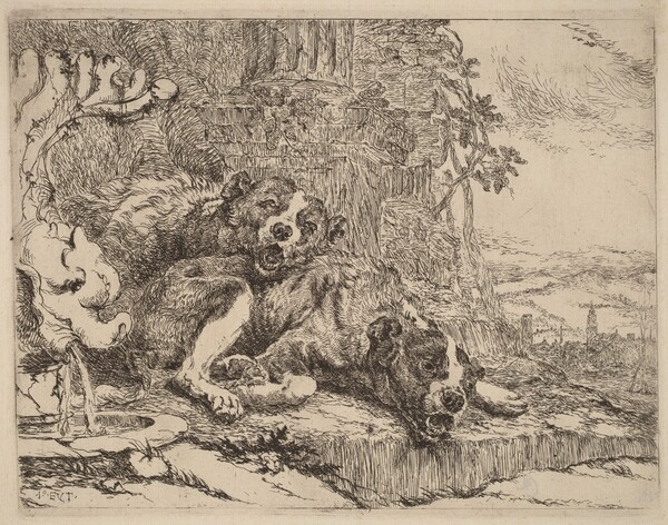 Two Mastiffs beside a Fountain