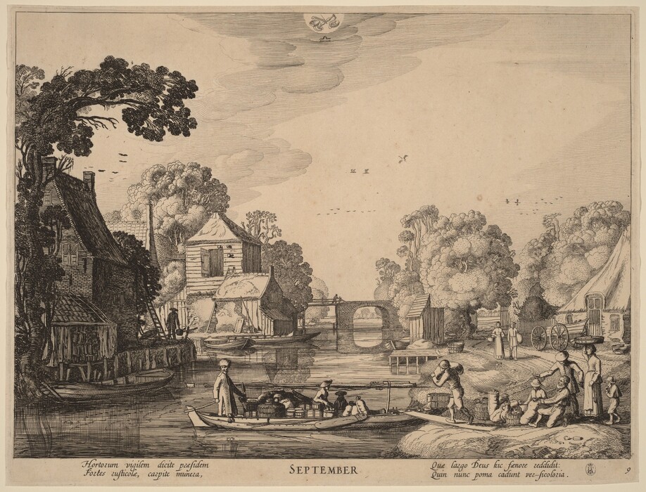 The image shows a pastoral scene with a river or canal viewed from above. There is a stone bridge in the center, dividing the landscape, depicted in detailed engraving style with a monochromatic color scheme. People are seen near the water engaging in various activities, with houses, trees, and a bridge in the background. The sky above features clouds and birds.
