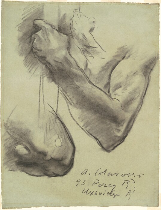 This is a drawing of two muscular forearms and hands. The drawing features a detailed study of a forearm and clenched hand in profile, with prominent shading emphasizing the muscular structure. Another hand appears gripping a vertical object. The hands and forearms are depicted with precision, using a combination of soft lines and bold, dark strokes to highlight contours and textures. In the lower right corner, there's handwritten text that appears to be an address or name. The overall style showcases a classical approach to anatomical studies, focusing on the realism and detail of human form.