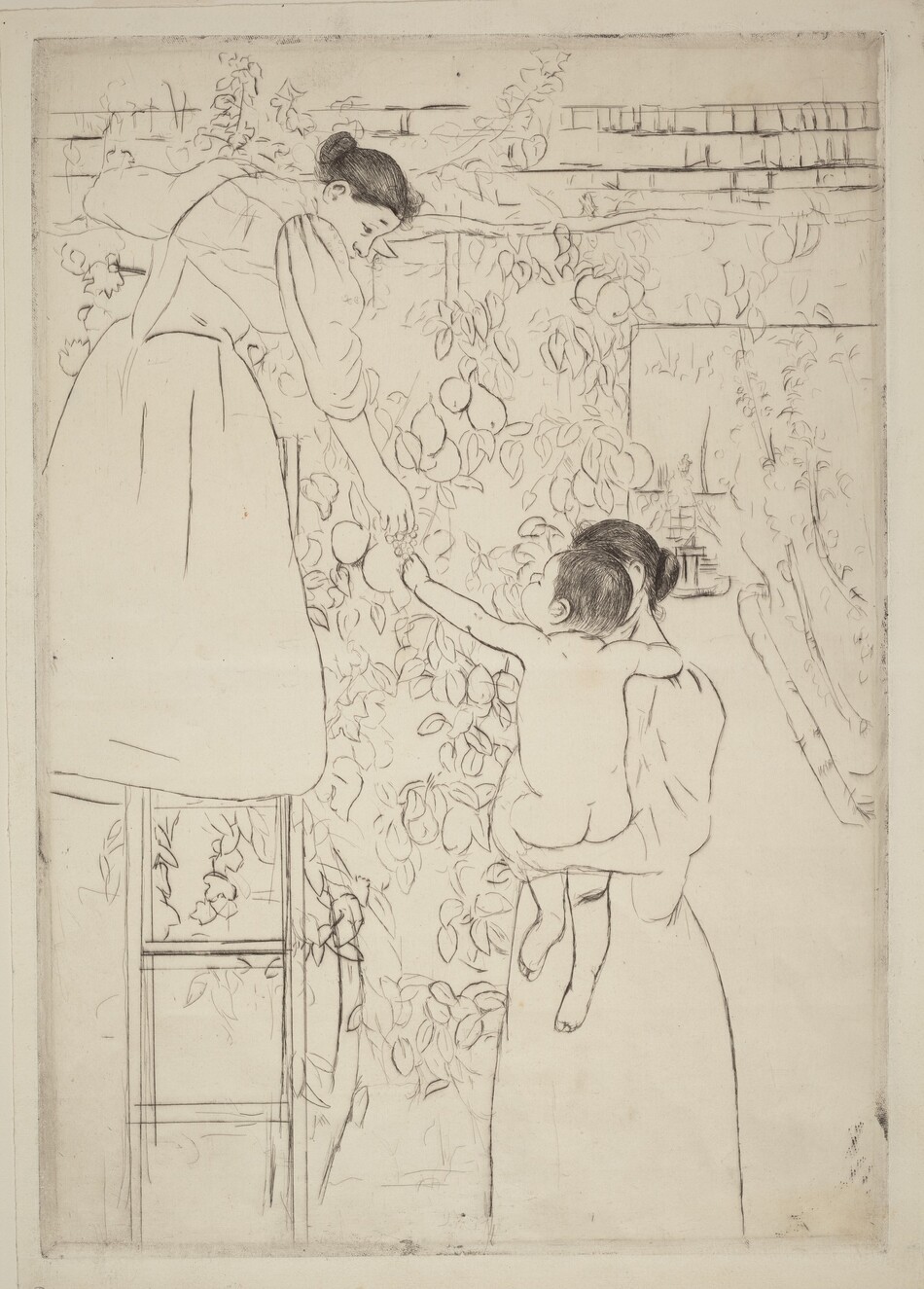 Printed with black lines on cream-white paper, a woman standing on a ladder propped against a wall hands fruit down to a nude child held by a second woman in this vertical etching. The women wear long-skirted dresses with long, loose sleeves, and their hair is pulled back in buns at the napes of their necks. The ladder, to our left, leans against vines growing up a wall. The woman standing on the ladder leans and looks down in profile at the child to our right. The child sits facing away from us in the other woman’s arms, bare buns squished along one forearm. The child reaches for the fruit, perhaps a cluster of small grapes. The second woman’s face is hidden by the child’s head. An opening in the wall to the right leads back to an open space.