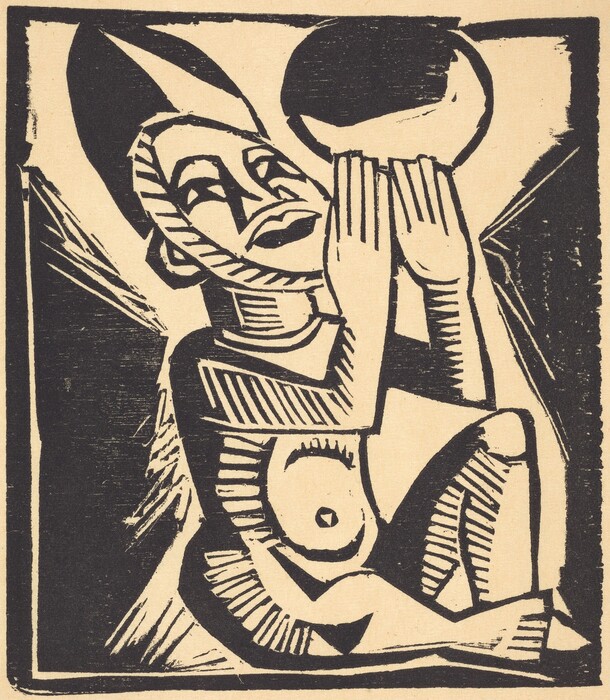 The image shows an abstract representation of a figure with bold, angular lines and exaggerated geometric shapes. The artwork features a human-like form with distinct facial features, hands near the face, and holding a round object. The geometric lines and shapes resemble tribal masks or stylized sculptures. The artwork uses black and off-white colors to emphasize the shapes and maintain an abstract style.