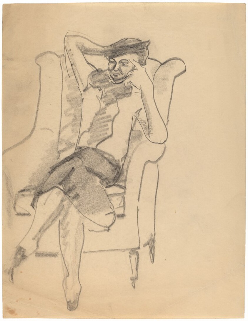 Woman in Hat, Seated in Wing Chair