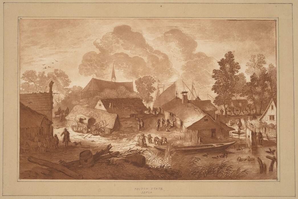 The image displays a rustic scene with a view over a small village area. A church with a distinct steeple is seen amongst trees and houses in the center of the image. The sky is filled with clouds creating a pattern in the background. The brushstrokes are delicate and detailed, focusing on trees and architecture. The color palette is predominantly sepia-toned with various shades of brown. Figures engaged in daily activities, horses, carts, and rural life elements are visible. In the distance, aside from the church, there are masts of ships hinting at a nearby waterway or harbor.