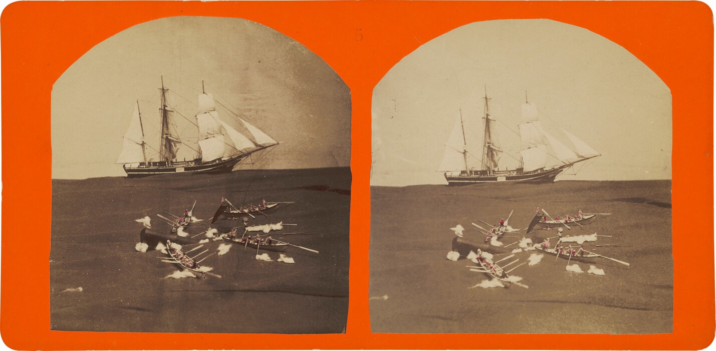 Two black and white photographs with arched tops both show a masted ship with full sails. They are mounted on a bright orange background. In each photograph the ship is on the horizon, which comes about halfway up the composition. Four or five long rowboats are gathered on a dark field closer to us. What first looks like ripping water at closer inspection could be fabric and props. The rowers’ clothing is touched with red.