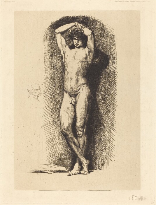 The image shows a male figure standing with his legs crossed at the ankles, arms raised above his head with hands on top. The figure has a muscular build, with closed eyes, wavy hair, and is unclothed. In the background are cross-hatched lines creating a shadowy effect. To the left is a smaller sketch of an elderly man's head.