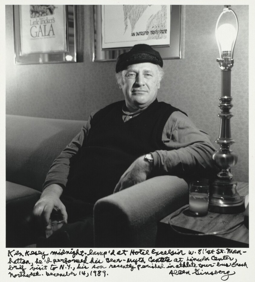 Ken Kesey midnight -- lamp'd at Hotel Excelsior w. 81st St. Manhattan, he'd performed his Bear-myth Cantata at Lincoln Center, brief visit to N.Y., his son recently perished in athlete tour-bus crash Northwest. December 14, 1989.