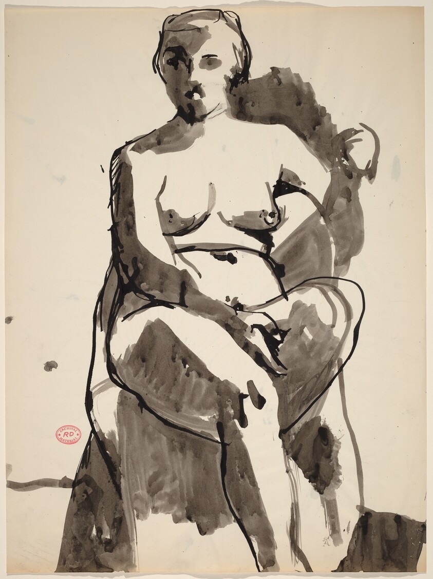 Untitled [seated nude with her left arm over the chair back]