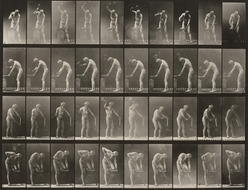 Plate Number 491. A, B: Hammering at an anvil. C: Using a hatchet. D: Sawing a board