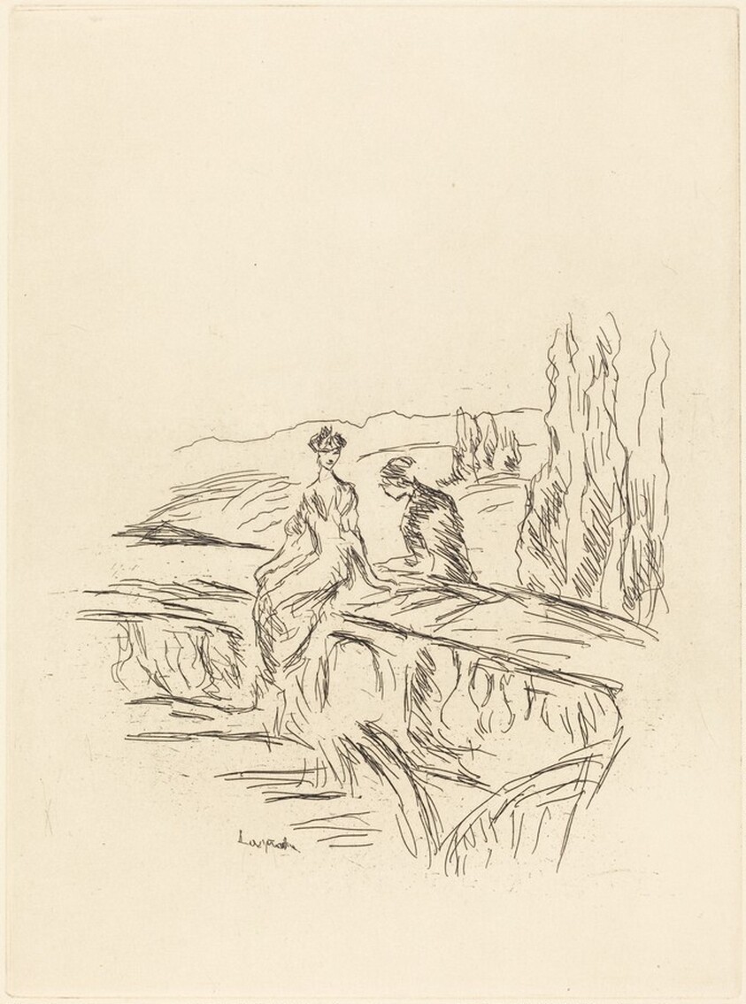 Woman Sitting on a Balustrade with Another Figure