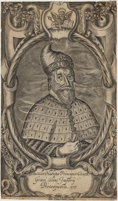 The image is an engraving of a man seated and facing forward. He has a beard, mustache, and deep-set eyes. He is wearing a robe, hat, and holding a scroll. The background has a floral motif and a cartouche above his head with a lion with wings sitting on a book surrounded by light. The engraving is framed with intricate detailing.