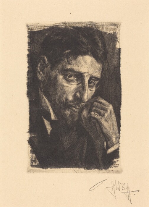 The image is a portrait capturing the person's upper body, including their head, shoulders, and one hand. The person is slightly turned to the left, with their head resting against their right hand in a fist close to their face. The facial features include deep-set eyes, a prominent nose, and a mustache. The hair is dark and appears wavy or curly. The individual wears a dark suit with a visible white shirt and tie. The background is a simple, dark shading that contrasts with the lighter tone of the paper. The artwork is signed by the artist at the bottom right corner of the paper.