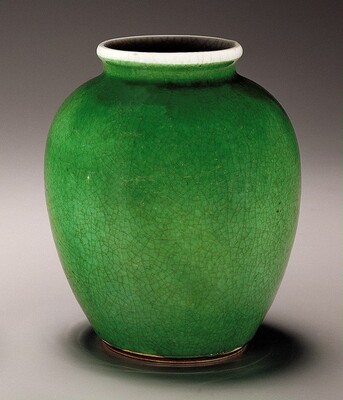 This is a vase with a rounded shape, a slightly narrowing neck, and a wide opening at the top. The vase is a vibrant green color, with crackle patterns and fine lines crisscrossing across its surface. The rim of the opening is white, and the base is a thin line of dark brown.