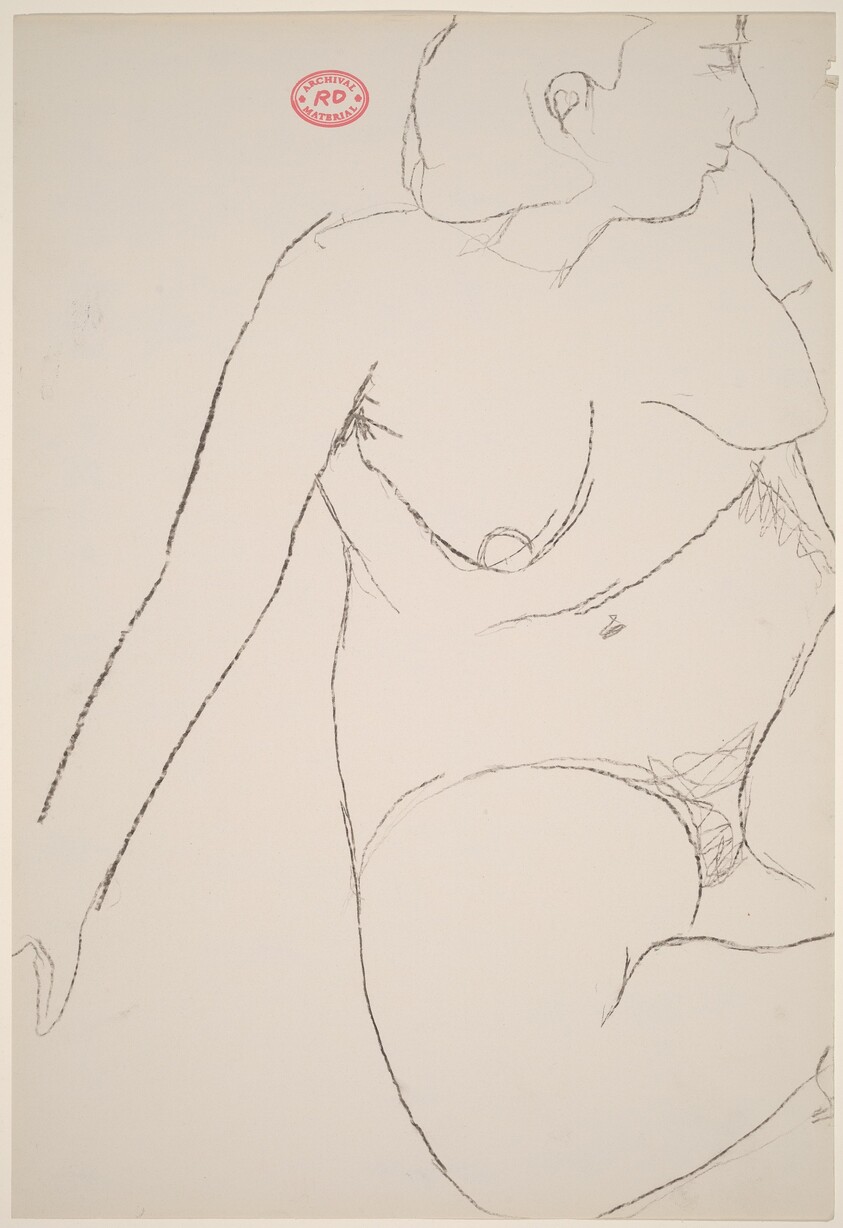 Untitled [seated female nude leaning on right arm and looking right]