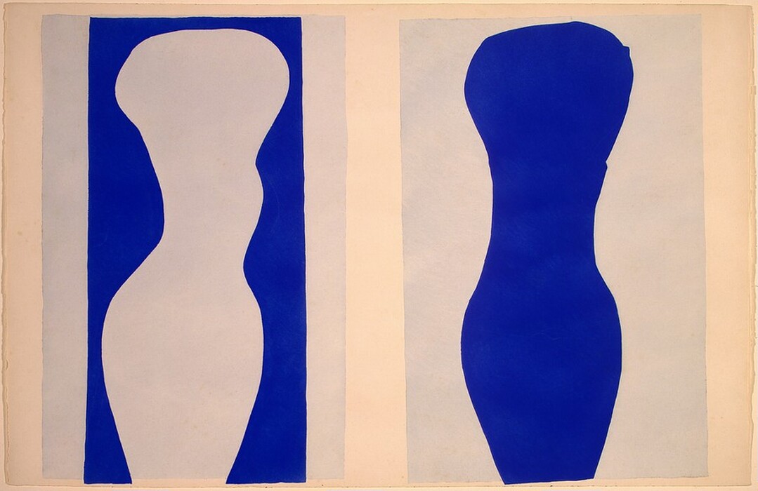 Two vertical shapes with smooth, curved lines create an abstract composition. On the left, a white silhouette with flowing contours is set against a blue rectangular background. On the right, a blue shape takes center stage on a white background, echoing the form of the left side but filled in. The shapes invite the viewer to see familiar objects through minimalist forms.